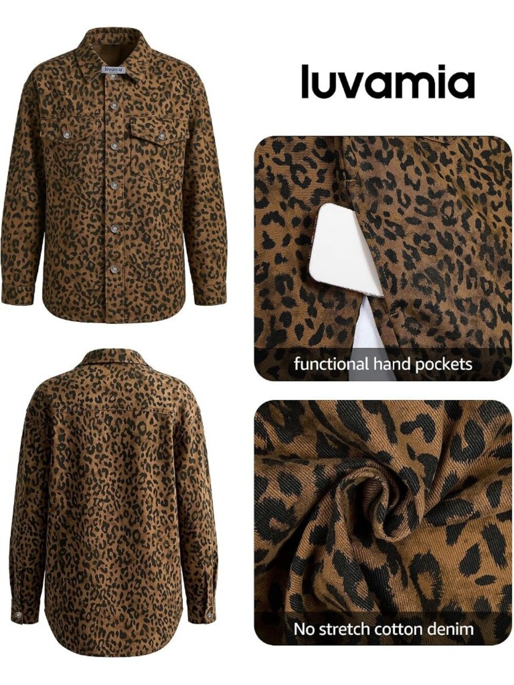 Women's Brown Cheetah Print Oversized Denim Jean Jacket Casual - Picture 5 of 7